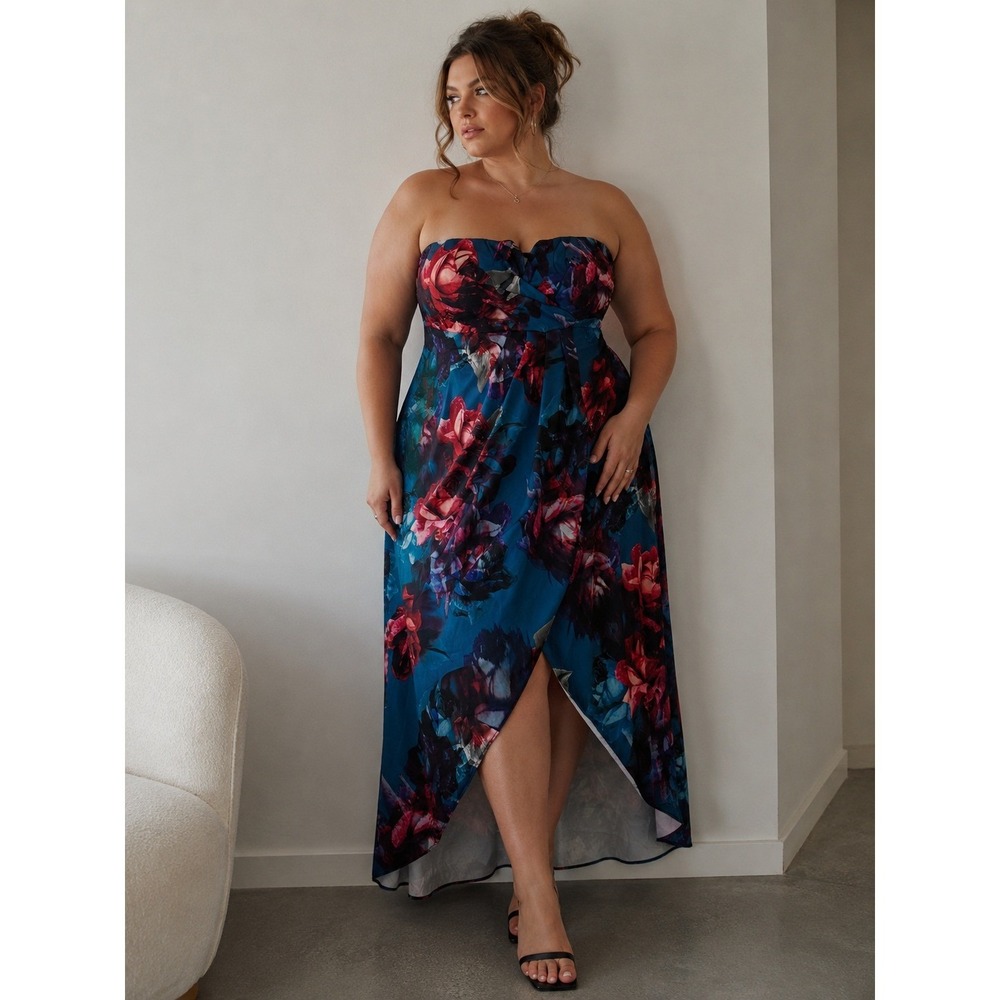 City Chic Dress Womens Size 18 Blue Floral Strapless Hi Low Wedding Guest Party